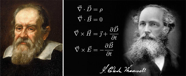 갈릴레오 갈릴레이(왼쪽). 제임스 클러크 맥스웰과 맥스웰 방정식.  [영국 국립해양박물관, Science Meets Faith·SMF]