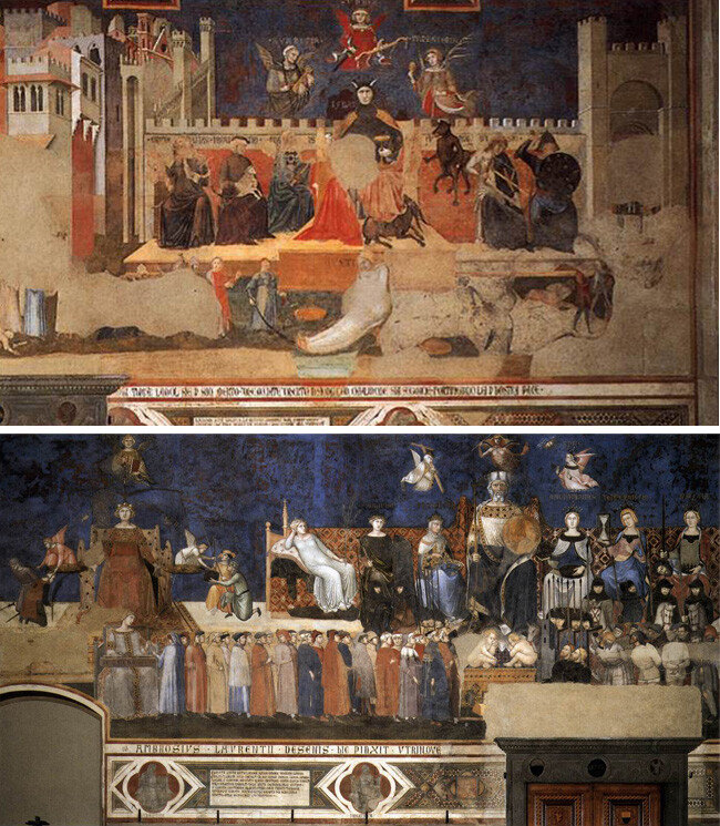 '암브로초 로렌체티의 ’좋은 정부와 나쁜 정부의 알레고리‘ 중 나쁜 정부(전제정)를 묘사한 부분(위)과 좋은 정부(공화정) 부분. [영국 랭커스터대 러스킨 도서관]