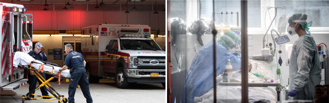 코로나19 응급환자를 병원으로 이송한 구급 대원들(왼쪽)과 이탈리아 롬바르디아주의 한 병원 집중치료실에서 코로나19 환자를 돌보는 의료진. [뉴시스]