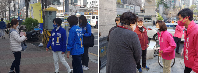 이수진 더불어민주당 후보(왼쪽)와 나경원 미래통합당 후보가 서울 동작구 상도1동에서 주민들과 인사를 나누고 있다. [최진렬 기자]