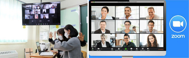 4월 7일 오전 경기 의왕시 갈뫼중학교에서 ‘온라인 개학’을 앞두고 교사들이 온라인 출석 및 원격수업 테스트를 하고 있다(왼쪽·뉴스1). 최근 보안에 취약하다는 문제가 제기된 줌의 화상회의 모습. [ZOOM 제공]