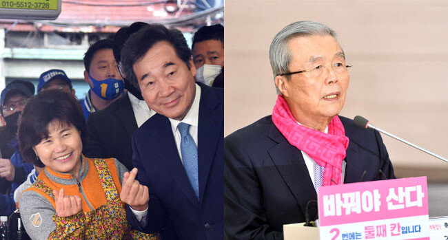 4월8일 이낙연 더불어민주당 선거대책위원장이 부산 영도구 남항시장을 방문, 제21대 국회의원 선거 중·영도구 김비오 후보에 대한 지지를 호소하면서 상인과 기념사진을 찍고 있다(왼쪽). 4월4일 미래통합당 부산시당에서 열린 통합당 부산현장 선거대책위원회 회의에서 김종인 총괄선대위원장이 발언하고 있다. [뉴시스]