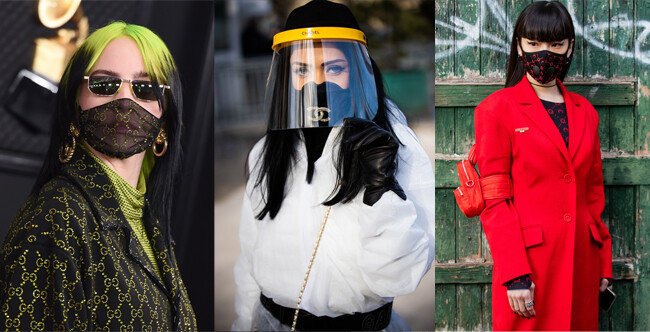 (왼쪽부터)빌리 아일리시는 지난 1월 구찌가 특별 제작한 마스크를 착용하고 그래미 시상식에 참석했다. 3월 3일 파리패션위크의 샤넬 패션쇼에서 화제를 모은 마스크 패션. 마린 세르가 2월 25일 파리패션위크에서 선보인 강렬한 에어필터 패션 마스크. [AP=뉴시스, GettyImages]