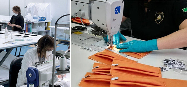 디올 마스크 생산 현장(왼쪽). 람보르기니 마스크 생산 현장. [디올 공식 인스타그램, 오토모빌리티 람보르기니 제공]