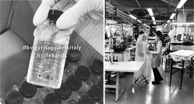 불가리가 만든 손소독제(왼쪽). 임페리오 아르마니가 제작한 코로나19 방호복. [불가리 공식 인스타그램, 임페리오 아르마니 공식인스타그램]