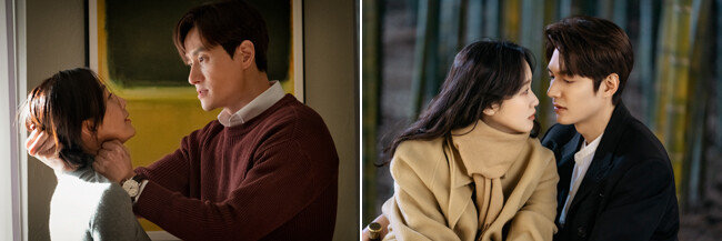 ‘부부의 세계’의 한 장면(왼쪽).  대나무숲에서 설레는 눈빛을 주고받는 ‘더 킹: 영원의 군주’ 커플. [jtbc, sbs]