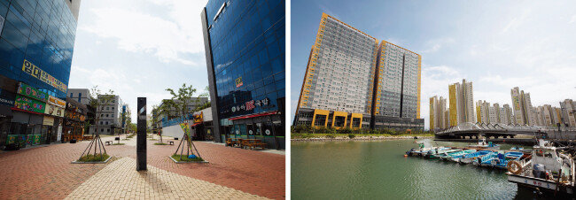 경남 창원시 진해구 용원동의 상가 거리(왼쪽)와 아파트 단지. 부산신항 배후 단지와 인접해 항구 사람들의 소비처 역할을 한다. [지호영 기자]