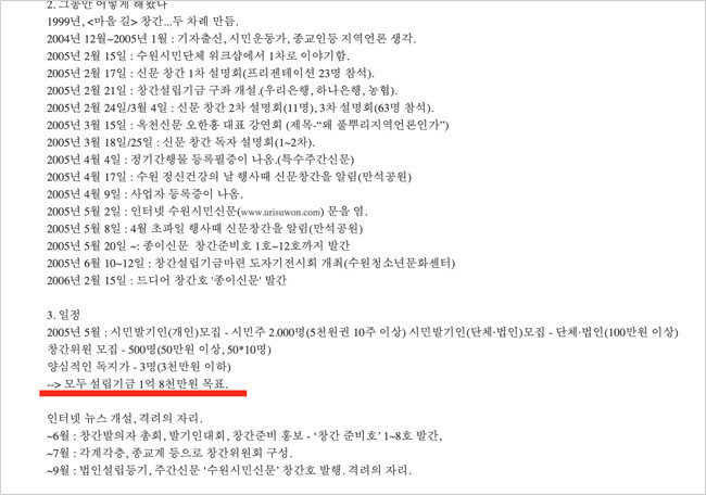 뉴스365 회사 소개란에 나와 있는 수원시민신문 창간 과정. 설립기금 목표액으로 1억8000만 원이 제시돼 있다. [뉴스365 캡쳐]

