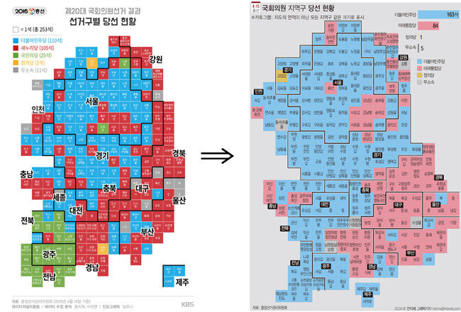 20대 총선과 21대 총선 지역구 당선 현황을 보여주는 카토그램.