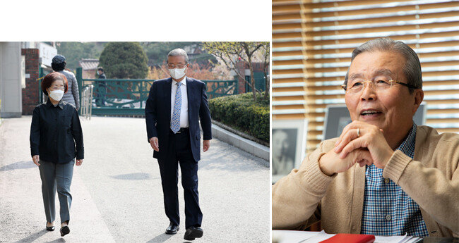 4월 15일 김종인 당시 미래통합당 총괄선거대책위원장이 부인 김미경 명예교수와 거리를 둔 채 21대 총선 투표소로 이동하고 있다(왼쪽). 3월 ‘주간동아’ 인터뷰 당시 착용한 김종인 위원장의 평상복. 따뜻한 브라운톤과 차가운 블루톤이 어울렸다. [뉴스1, 동아DB]