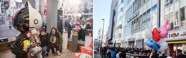 라인프렌즈 뉴욕 타임스퀘어 스토어와 일본 하라주쿠 스토어 오픈 당시 모습. [라인프렌즈 제공]