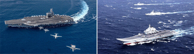 미국 항모 레이건호에 탑재된 각종 함재기가 출격하는 모습(왼쪽). 중국 랴오닝호 항모전단이 대만해협을 거처 남중국해로 항해하고 있다. [US Navy, China.mil]