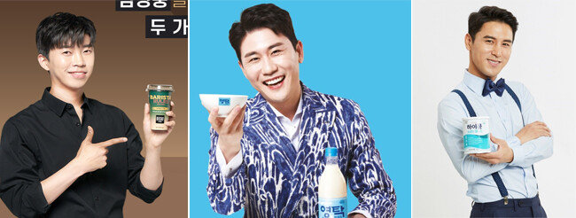 광고계 블루칩으로 떠오른 매일유업 바리스타룰스 모델 임영웅, 예천양조 영탁막걸리 모델 영탁, 일동후디스 하이뮨 모델 장민호(왼쪽부터). [매일유업, 예천양조, 일동후디스 제공]