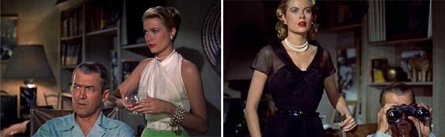 영화 ‘이창(Rear Window)’에서 진주 초커와 진주 참 팔찌를 착용한 그레이스 켈리(왼쪽). 세 줄로 된 진주 초커와 진주 귀걸이를 착용한 그레이스 켈리. [영화 캡처]