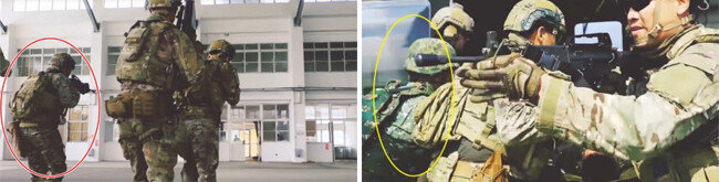 미군(빨간색 원)과 대만군 특수부대원들이 대만에서 합동훈련을 하고 있다(왼쪽). 대만군(노란색 원)과 미군 특수부대원들이 헬기에 탑승하고 있다. [미군 제1특전단 페이스북]