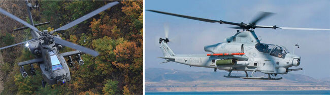 해병대는 10여 년 전부터 AH-64 아파치 공격헬기(왼쪽)와 AH-1Z ‘바이퍼’ 공격헬기 등 2개 파로 나뉘어 경쟁했다. [육군 제공, 미국해군 제공]