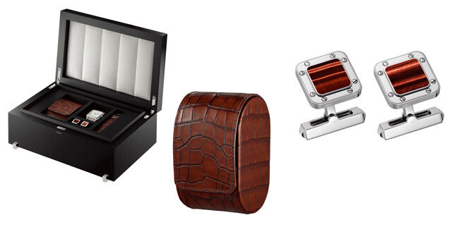 "라 드모아젤" 산토스 뒤몽 박스, 워치 트래블 파우치, 산토스 드 까르띠에 커프 링크스.(왼쪽부터)  [ⓒ Cartier]