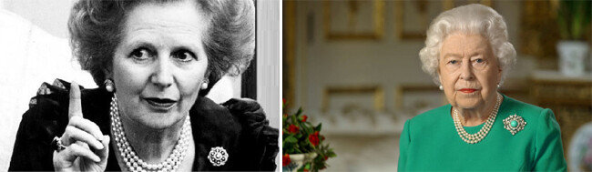 진주를 애용한 철의 여인 고(故) 마거릿 대처(왼쪽). TV 연설을 하는 엘리자베스 영국 여왕. [Getty images, 뉴시스]