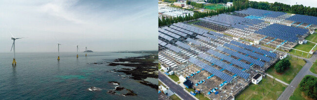 국내 최초 해상 풍력 단지인 제주탐라해상풍력발전단지(왼쪽)와 풍력과 더불어 주요 재생에너지원인 태양광.  [사진 제공 · 한국에너지정보문화재단]