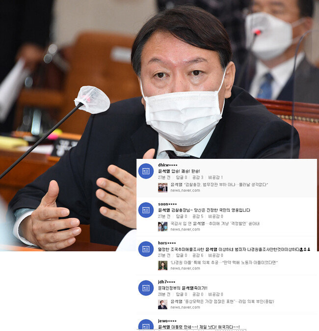 10월 22일 국회 대검찰청 국정감사에 출석한 윤석열 검찰총장(위). 네이버 실시간 댓글. [사진=뉴스1]