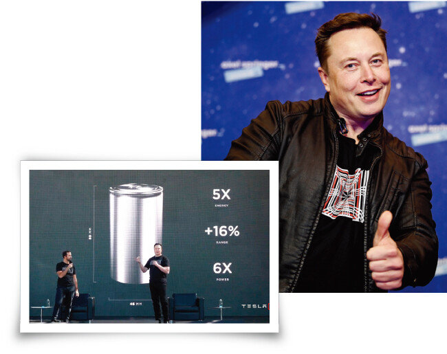 테슬라 ‘배터리 데이’ 진행 모습(왼쪽)과 일론 머스크 최고경영자(CEO). [동아DB, 뉴시스]