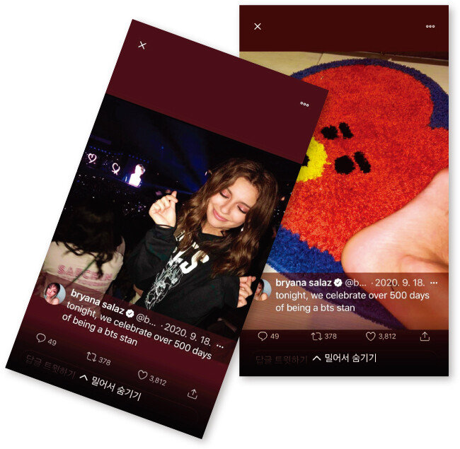 방탄소년단(BTS) 입덕 500일 
축하 메시지를 트위터에 올린 
미국 가수 겸 배우 브리아나 살라즈.  [트위터 캡처]