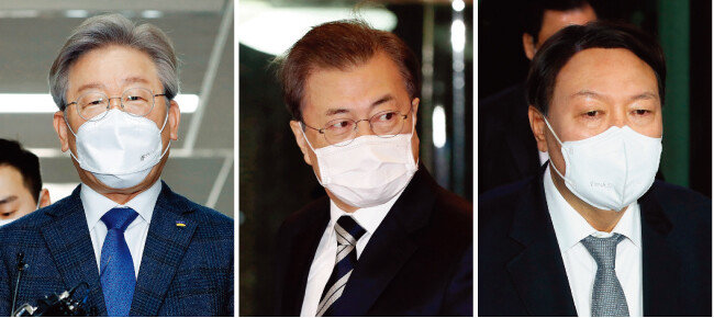 이재명 경기도지사, 문재인 대통령, 윤석열 전 검찰총장(왼쪽부터). [뉴스1]