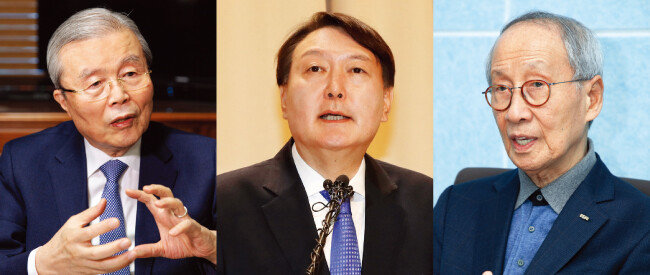 국민의힘 김종인 비상대책위원장, 윤석열 전 검찰총장, 윤여준 전 환경부 장관(왼쪽부터). [동아DB]