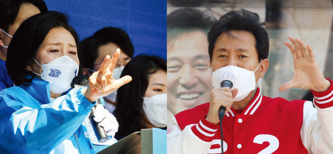 4·7 서울시장 보궐선거 유세를 하고 있는 더불어민주당 박영선 후보(왼쪽)와 
국민의힘 오세훈 후보. [동아DB]