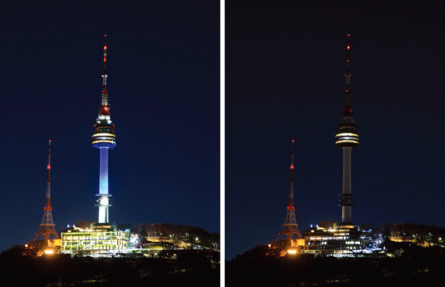 지구촌 전등 끄기 캠페인 ‘어스아워(Earth Hour)’가 열린 3월 27일 오후 서울 용산구 N서울타워의 조명이 꺼져 있다(오른쪽). [뉴스1]
