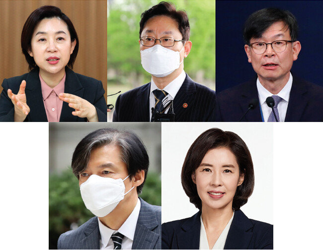 기모란 방역기획관, 박범계 법무부 장관, 김상조 전 공정거래위원회 위원장, 박경미 청와대 대변인, 조국 전 법무부 장관(위 왼쪽부터 시계방향). [동아DB, 뉴스1, 뉴시스, 사진 제공 · 청와대, 뉴시스]