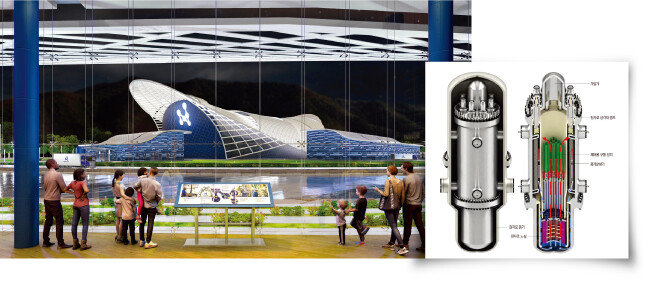 미국 원자력발전소 건설사 뉴스케일이 올해 착공할 소형모듈원자로(SMR) 구상도(왼쪽).
한국수력원자력과 한국원자력연구원이 개발에 나선 ‘혁신형 SMR(i-SMR)’ 설계 개요도. [사진 제공 · 뉴스케일, 동아DB]