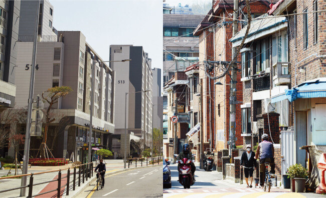 2019년 민간재개발을 통해 래미안장위퍼스트하이로 재탄생한 장위5구역(왼쪽)과 2017년 서울시로부터 직권 해제된 장위9구역. [홍중식 기자]
장위9구역은 올해 3월 2차
공공재개발 시범사업 후보지로
선정됐다.