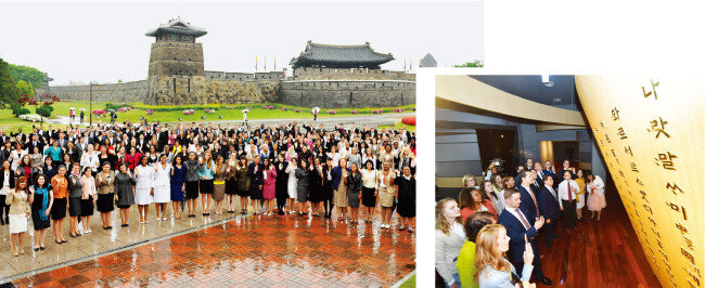 코로나19 발생 전 수원 화성행궁을 찾은 제50차 해외성도방문단(왼쪽)과 서울 용산구 국립한글박물관을 견학한 제74차 해외성도방문단.