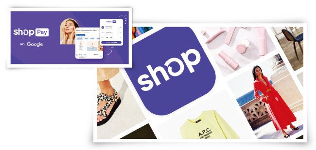 쇼피파이가 출시한 간편결제 
 비스 ‘숍페이(Shop Pay)’(왼쪽)와 쇼피파이가 운영 중인 온라인 장터 앱 ‘숍(Shop)’. [숍페이(Shop Pay) 캡처, 숍(Shop) 캡처]