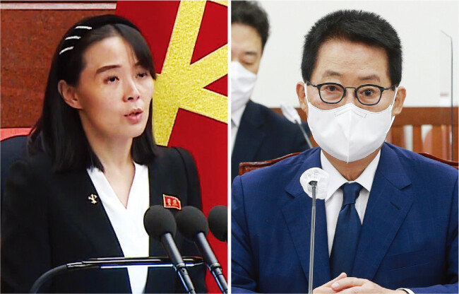 8월 10일 “남조선 당국자들의 배신적 처사에 강한 유감을 표한다”는 담화를 발표한 김여정 북한 조선노동당 중앙위원회 제1부부장(왼쪽)과 8월 3일 국회 정보위원회에서 한미연합훈련 유연 대응을 주장한 박지원 국가정보원장. [조선중앙TV 캡처, 뉴스1]