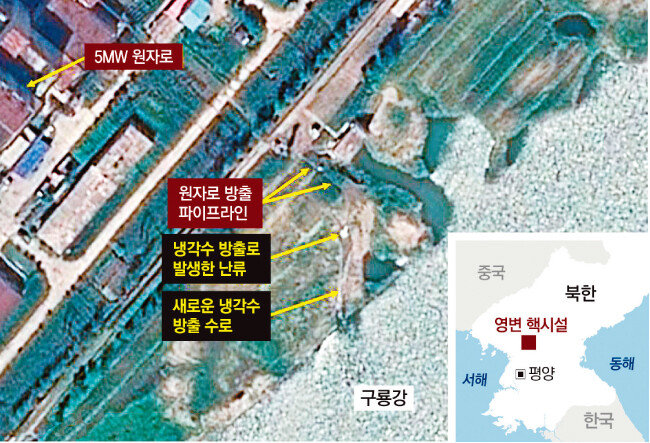 8월 25일 북한 영변에 있는 원자로 5MW(메가와트)로의 냉각수 배출이 포착된 위성사진. [동아DB = 38노스]