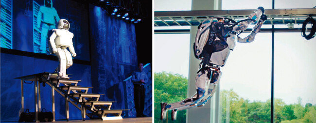 계단 내려오기를 시연 중인 휴머노이드 ‘아시모’(왼쪽). 고난도의 파쿠르를 시험 중인 현대자동차그룹 ‘아틀라스’. [사진 제공 · 혼다, 사진 제공 · 보스턴 다이내믹스(현대자동차그룹)]