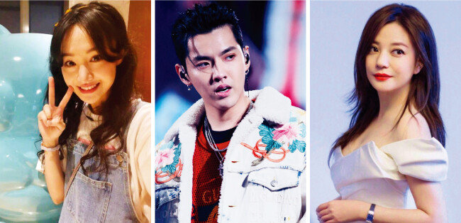 탈세 혐의로 벌금이 부과된 배우 정솽, 성폭행 혐의로 구속된 가수이자 배우 크리스, 해외 도피설이 나돌고 있는우 배 자오웨이(왼쪽부터). [웨이보, 바이두]
