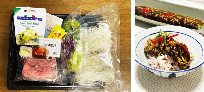 배우 류수영의 손맛대로 만들어보는 재미가 있는 참간초면(왼쪽). 가지만 손질하면 근사한 중국풍 요리가 완성되는 돼지고기가지볶음.
