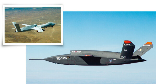 미국 드론 제조업체 제너럴 아토믹스의 MQ-20 ‘어벤저’(위)와 크라토스의 XQ-58A ‘발키리’. [사진 제공 · 제너럴 아토믹스, 사진 제공 · 미 공군]