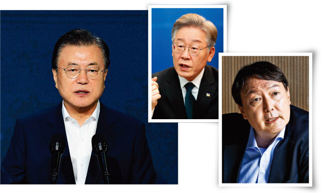 (왼쪽부터)문재인 대통령, 더불어민주당 이재명 대선후보, 윤석열 전 검찰총장. [동아DB]