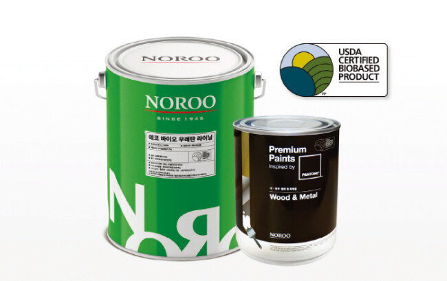 미국 농무부(USDA) 인증을 획득한 노루페인트의 바이오페인트 ‘팬톤우드&메탈’(오른쪽)과 ‘에코 바이오 우레탄 라이닝’. [사진 제공 · 노루페인트]