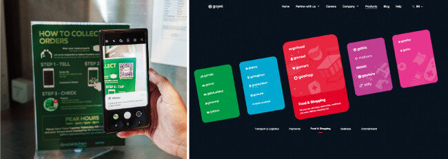 그랩 결제 모습(왼쪽). 고젝 홈페이지. [GettyImages,고젝 홈페이지 캡쳐]