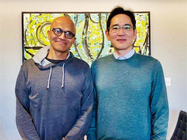 11월 20일 이재용 삼성전자 부회장이 미국 워싱턴주 마이크로소프트 본사에서 사티아 나델라 마이크로소프트 CEO를 만났다. [뉴시스]