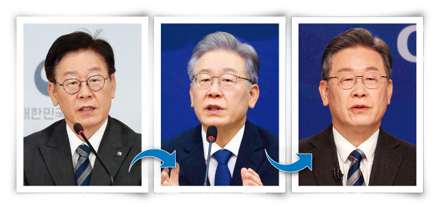2018년 경기도지사 시절, 2021년
더불어민주당 경선 기간, 2021년 12월 현재 이재명 대선후보 모습(왼쪽부터). [동아DB]