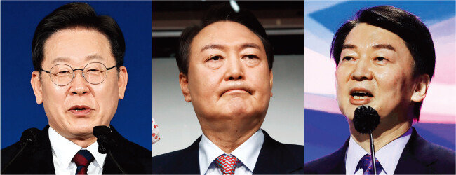더불어민주당 이재명 대선 후보와 국민의힘 윤석열 대선 후보, 국민의당 안철수 대선 후보(왼쪽부터). [동아DB]