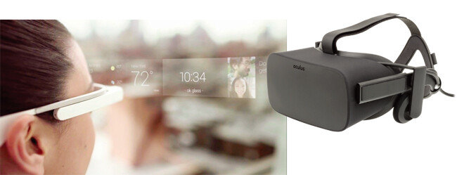 투명 렌즈 위에 날씨, 지도, 알림 등 정보가 덧입혀지는 구글 글라스(왼쪽). 게임 같은 몰입형 콘텐츠에 알맞은 메타의 오큘러스 리프트. [구글, 메타]