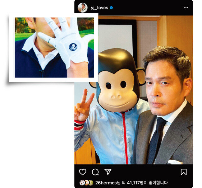 정용진 신세계 부회장이 인스타그램에 게시한 노브랜드 골프장갑(왼쪽). 정 부회장(오른쪽)과 그를 닮은 신세계 고릴라 캐릭터 제이릴라. [정용진 인스타그램]
