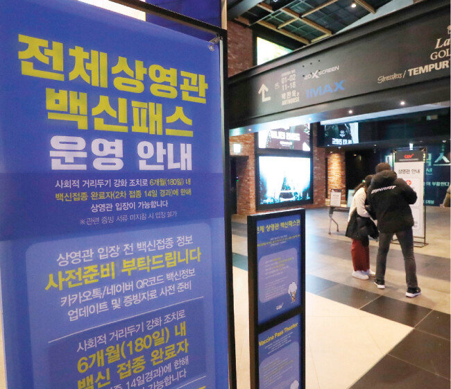 서울 용산구 한 영화관에 백신패스 운영 안내판이 설치돼 있다. [동아DB]